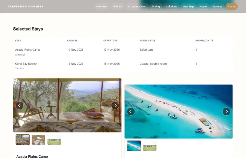 Selected stays with room details, dates and accommodation photographs.