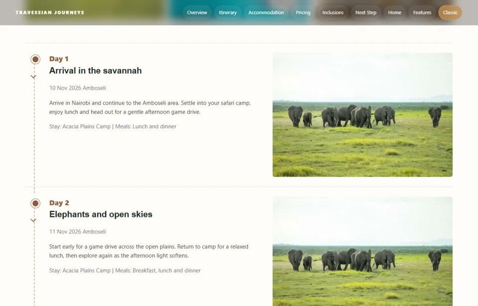 Day-by-day itinerary with safari photographs and travel arrangements.
