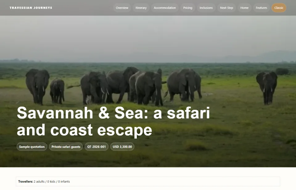 Actual sample web quotation with safari photography and a journey overview